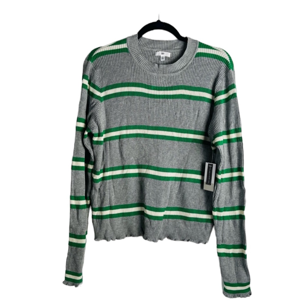 BP plus size Cleo sweater green stripe cropped crew neck casual long sleeve 1X